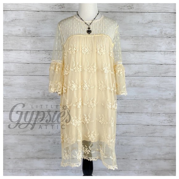 POL Honey Gold Dotted Lace Shift Dress - Picture 4 of 11